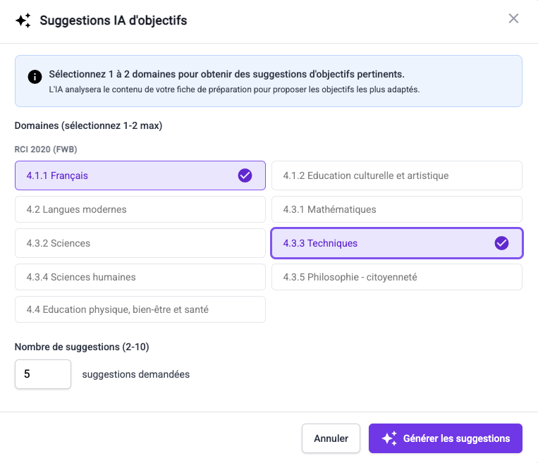 Suggestions d'objectifs pédagogiques par IA